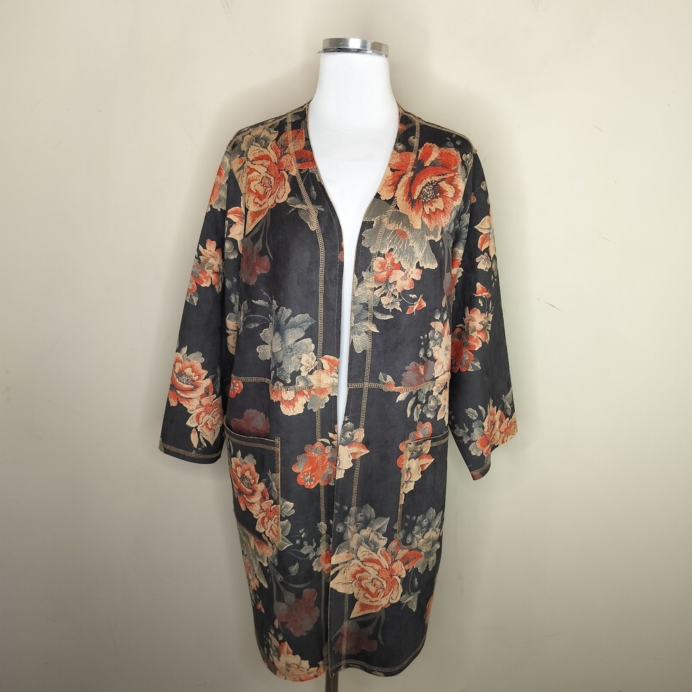 Chelsea & Theodore Floral Faux Suede Duster Cardigan Jacket 1